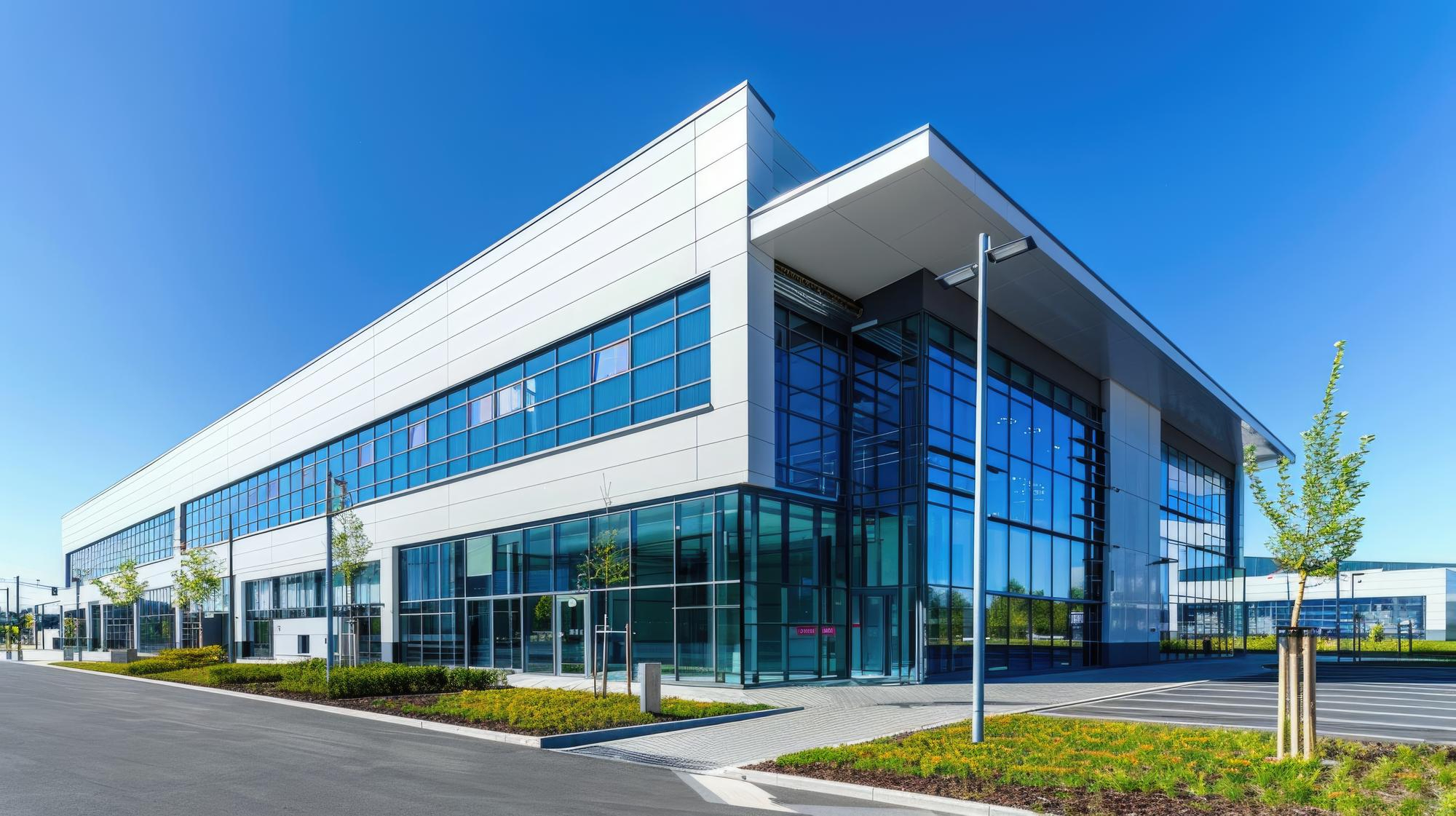 Modernes Büro- und Industriegebäude mit Glasfassade – Objekt unter Schutz von Secure Time Facility Management