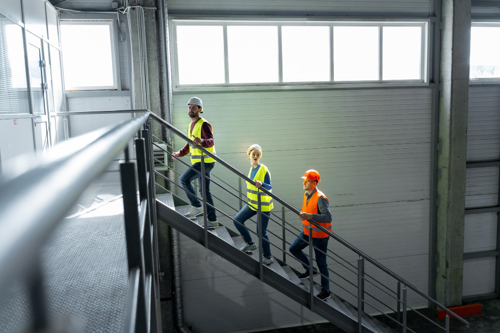 Secure Time Facility-Management-Team bei Objektbegehung in modernem Gebäude