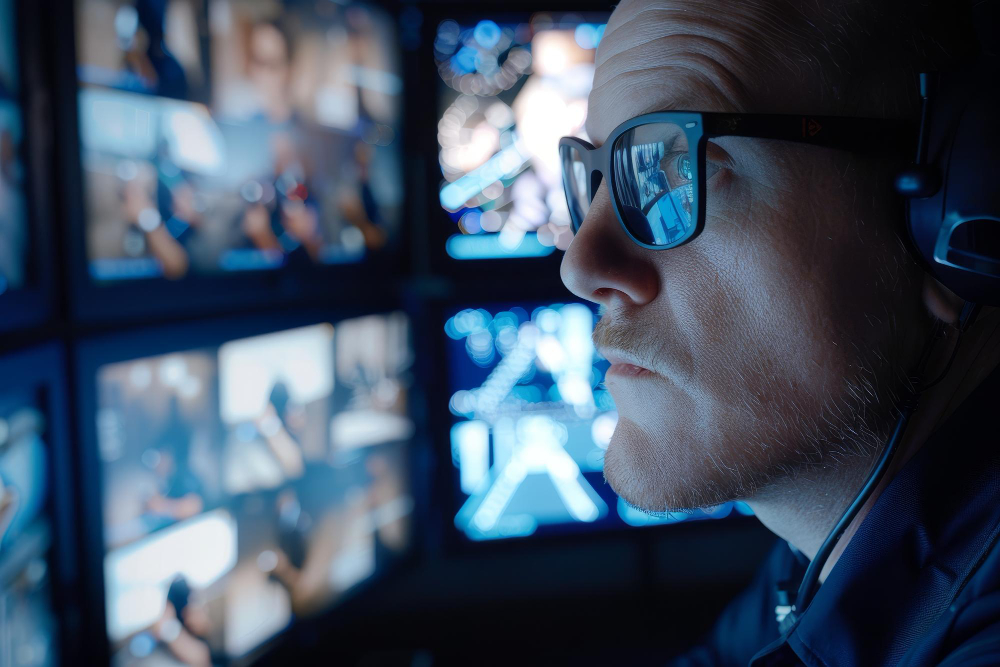 Secure Time Sicherheitsmitarbeiter überwacht Videoüberwachungsanlage im Kontrollraum