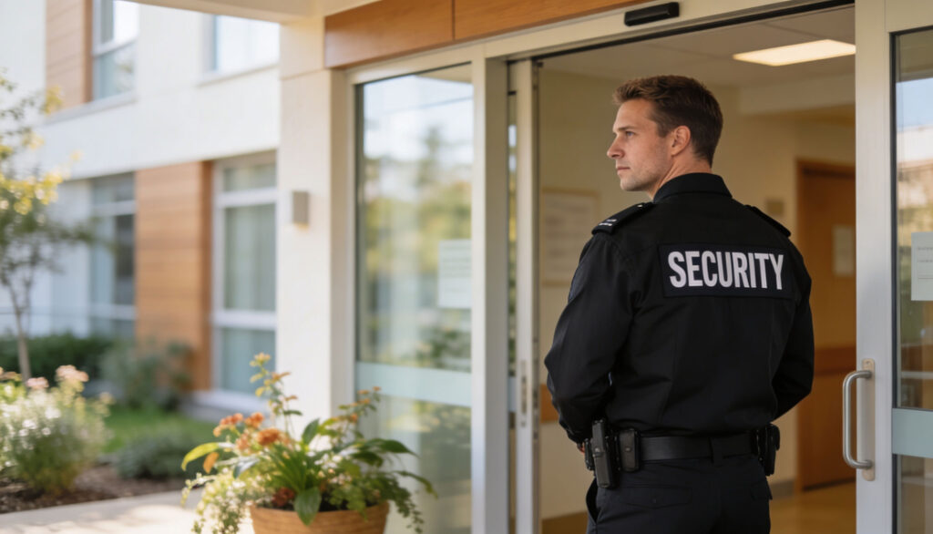 Sicherheitsmitarbeiter bewacht den Eingang einer Inobhutnahme-Einrichtung
