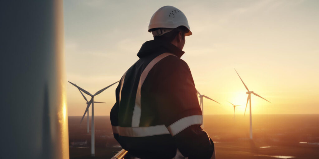 Sicherheitsmitarbeiter überwacht einen Windpark mit Windkraftanlagen
